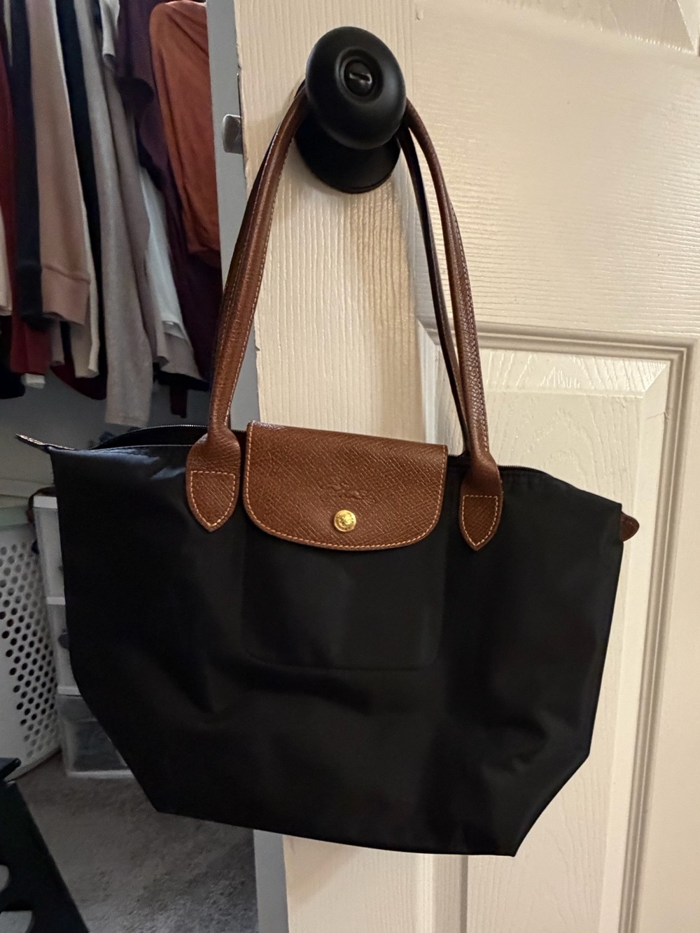 Longchamp Black Nylon Shoulder Tote with Brown Leather Trim